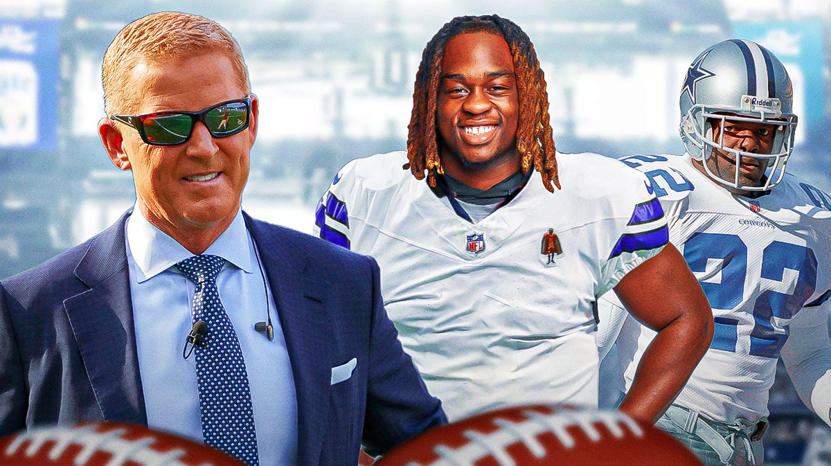 Jason Garrett laughing, with Ashton Jeanty and Emmit Smith in a Cowboys jersey next to Jeanty.