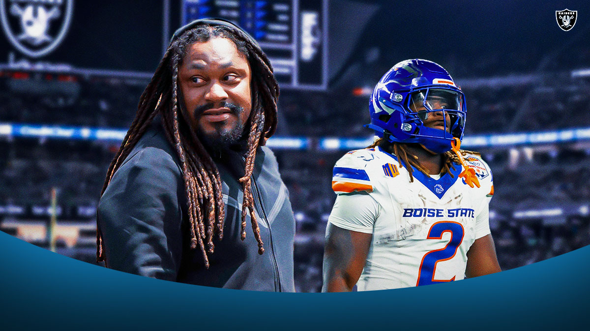 Marshawn Lynch next to Boise State running back Ashton Jeanty. There is also a logo for the Las Vegas Raiders.