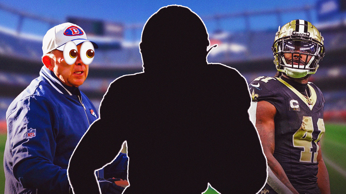 Denver Broncos head coach Sean Payton with big cartoon eyes looking at a silhouette of Omarion Hampton with Saints RB Alvin Kamara next to him as the broncos could draft running back hampton.