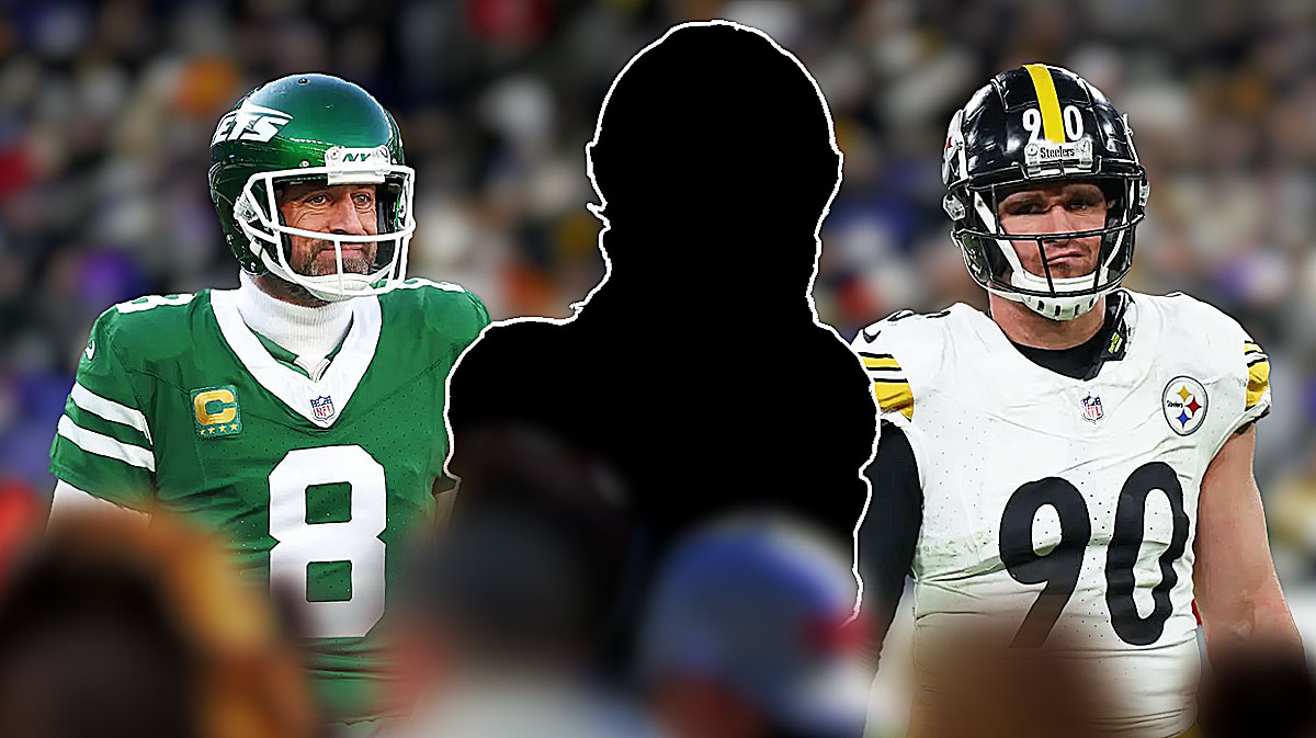 The blacked-out silhouette of Shemar Stewart in the middle with Aaron Rodgers on the left and TJ Watt on the right in front of the Steelers stadium.