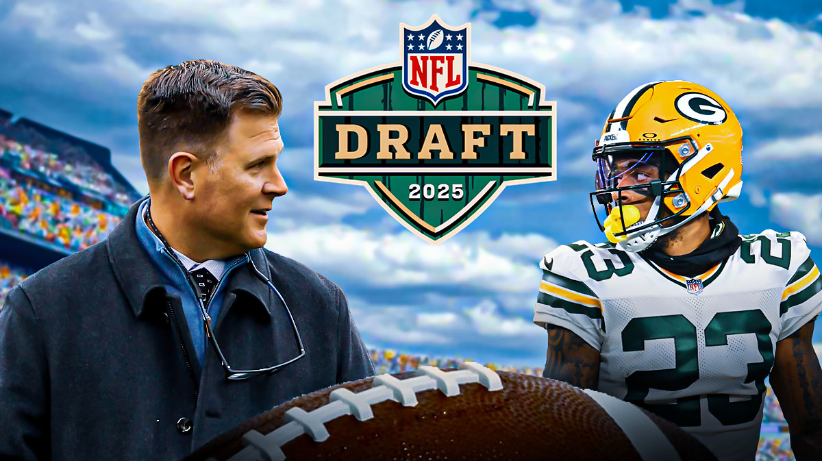 Packers Brian Gutekunst with 2025 NFL Draft logo. Packers Jaire Alexander distant in background