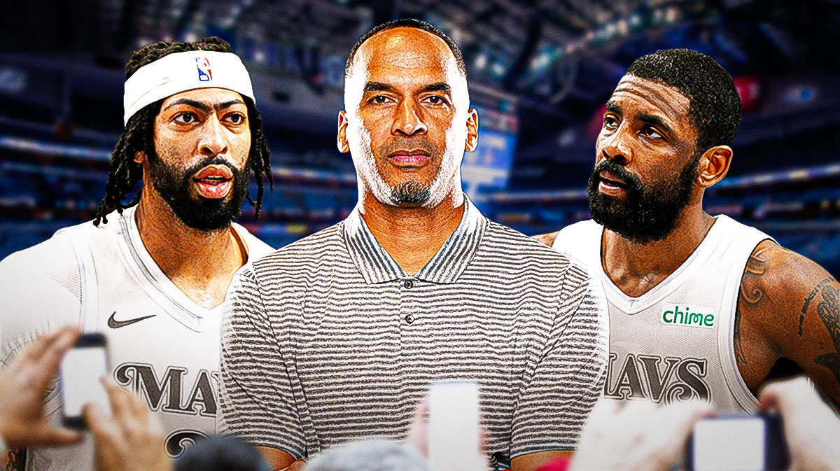 Dallas Mavericks player Anthony Davis, Mavericks GM Nico Harrison, and Mavericks player Kyrie Irving