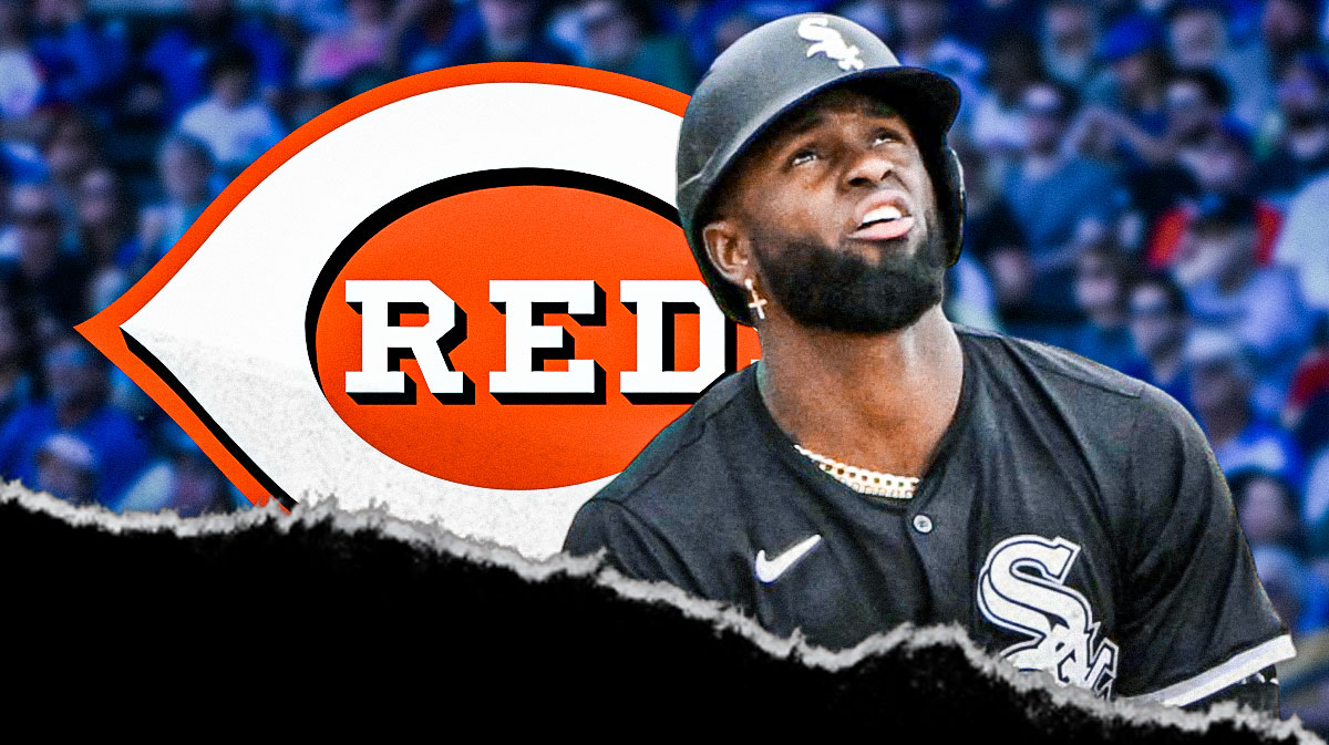 Luis Robert Jr next to Cincinnati Reds logo
