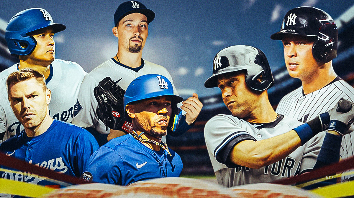 Photo: Shohei Ohtani, Freddie Freeman, Blake Snell, Mookie Betts in Dodgers jerseys, have Alex Rodriguez and Derek Jeter in Yankees jerseys beside them