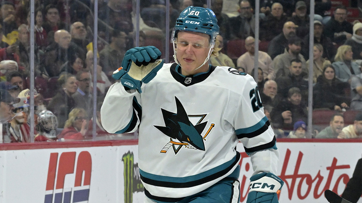 San Jose Sharks forward Fabian Zetterlund (20) celebrates after scoring a goal against the Montreal Canadiens during the first period at the Bell Centre. 