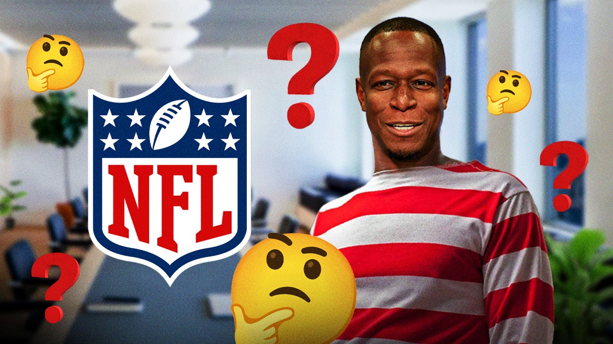 Falcons HC Raheem Morris wearing Where's Waldo next to NFL logo. Multiple ❓ and 🤔 emojis in background. Background is NFL owners meeting conference hall.