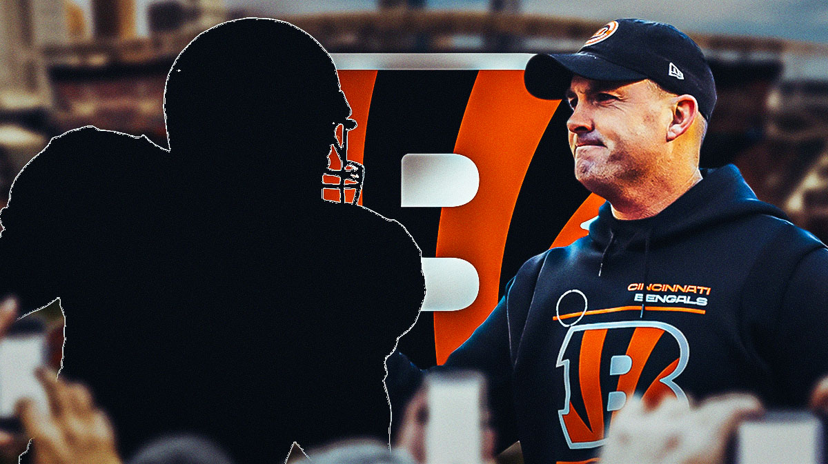 Sam Hubbard as a silhouette. Zac Taylor. Bengals logo.