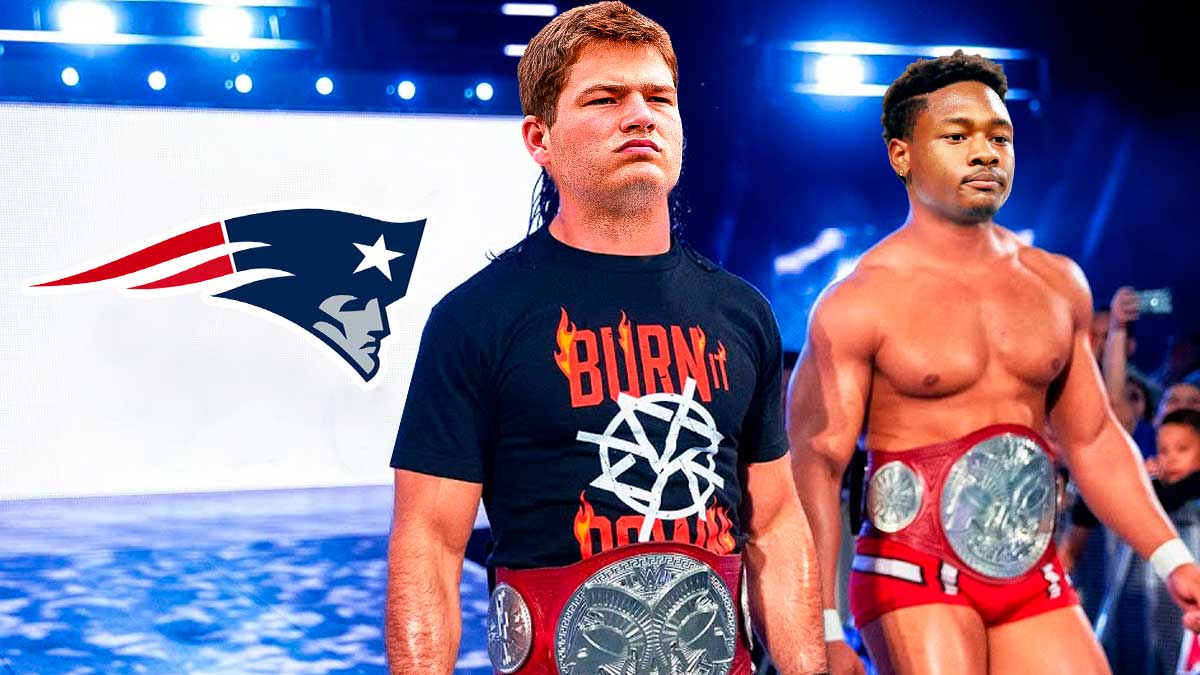 Drake Maye (Patriots) and Stefon Diggs as wrestlers making an entrance