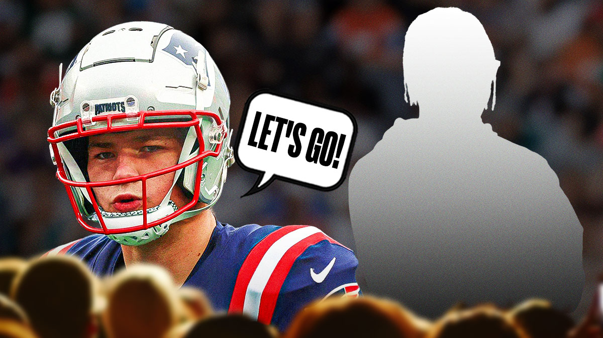 Drake Maye on one side with a speech bubble that says "Let's go!" a silhouette of Travis Hunter on the other side
