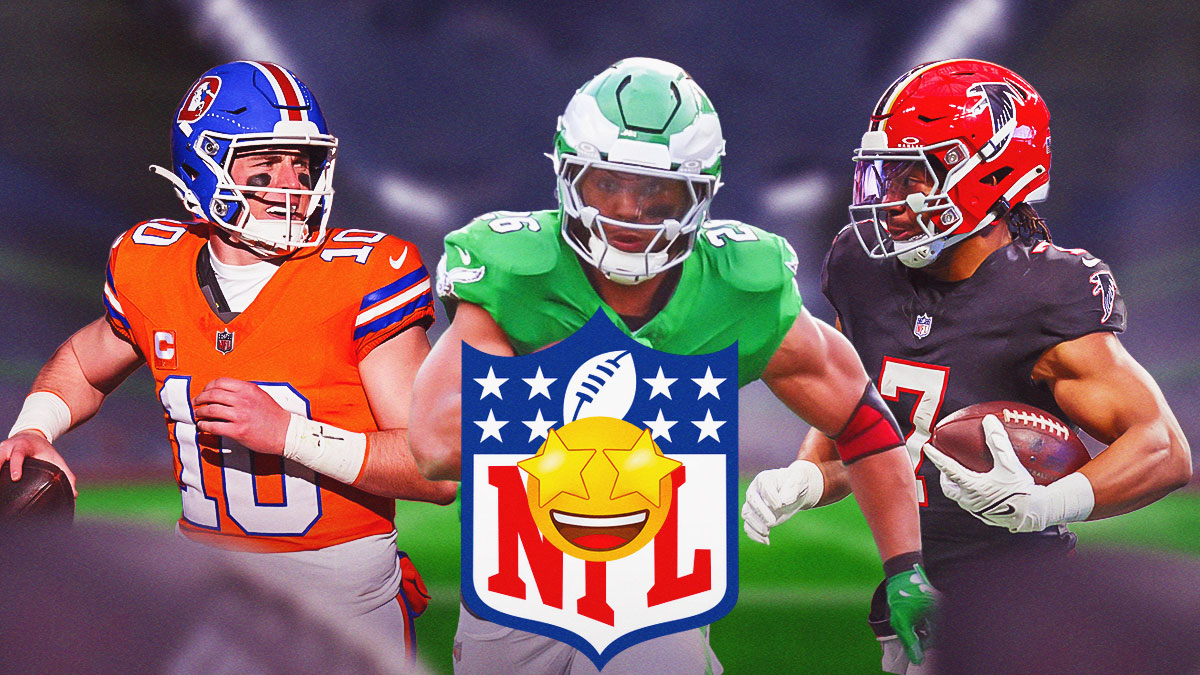 NFL logo with star eyes in front of Bo Nix, Saquon Barkley, and Bijan Robinson wearing their throwback/alternate jersey/uniform. Background NFL field.