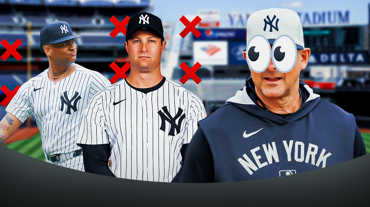 New York Yankees manager Aaron Boone with big cartoon eyes bulging out looking at Gerrit Cole in a Yankees uniform with a big red X through him and Luis Gil in a Yankees uniform with a big red X through him as the yankees world series chances are hurt by injuries.