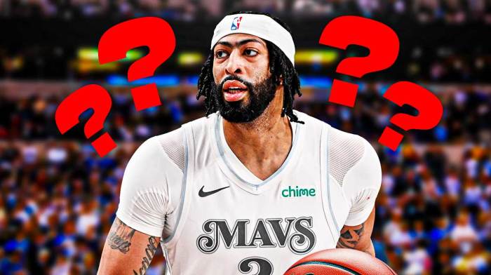 Mavericks, Anthony Davis, Kyrie Irving, Anthony Davis trade, Kyrie Irving injury, Anthony Davis in Mavs uni with Mavs arena in the background, a few question marks on graphic