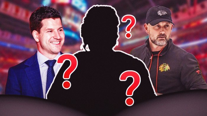 Chicago Blackhawks general manager Kyle Davidson on left side, Chicago Blackhawks interim head coach Anders Sörensen on right side, blank player silhouette with question marks in center, United Center (home arena of the Chicago Blackhawks) in background