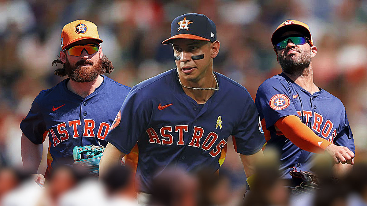 Astros player Jose Altuve, with Mauricio Dubon and Brendan Rodgers playing the infield.