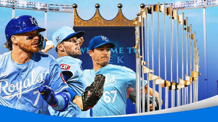 Bobby Witt Jr, Cole Ragans, and Seth Lugo looking at the World Series trophy