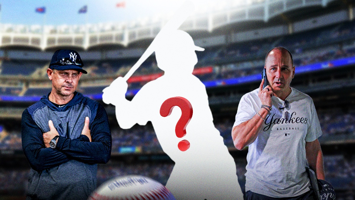 Blank player silhouette with question marks in center, New York Yankees manager Aaron Boone looking annoyed/upset/puzzled on left side, New York Yankees general manager Brian Cashman talking and/or on phone on right side, Yankee Stadium (home stadium of the New York Yankees) in background