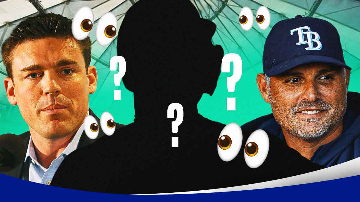 Blank player silhouette with question marks and eye ball emoji in center, Tampa Bay Rays president of baseball operations Erik Neander on left side, Tampa Bay Rays manager Kevin Cash on right side, George M. Steinbrenner Field (temporary home stadium of the Tampa Bay Rays) in background