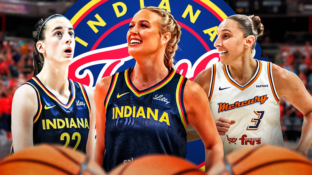 Sophie Cunningham in a Fever jersey next to Diana Taurasi and Fever guard Caitlin Clark. There is also a logo for the Indiana Fever.