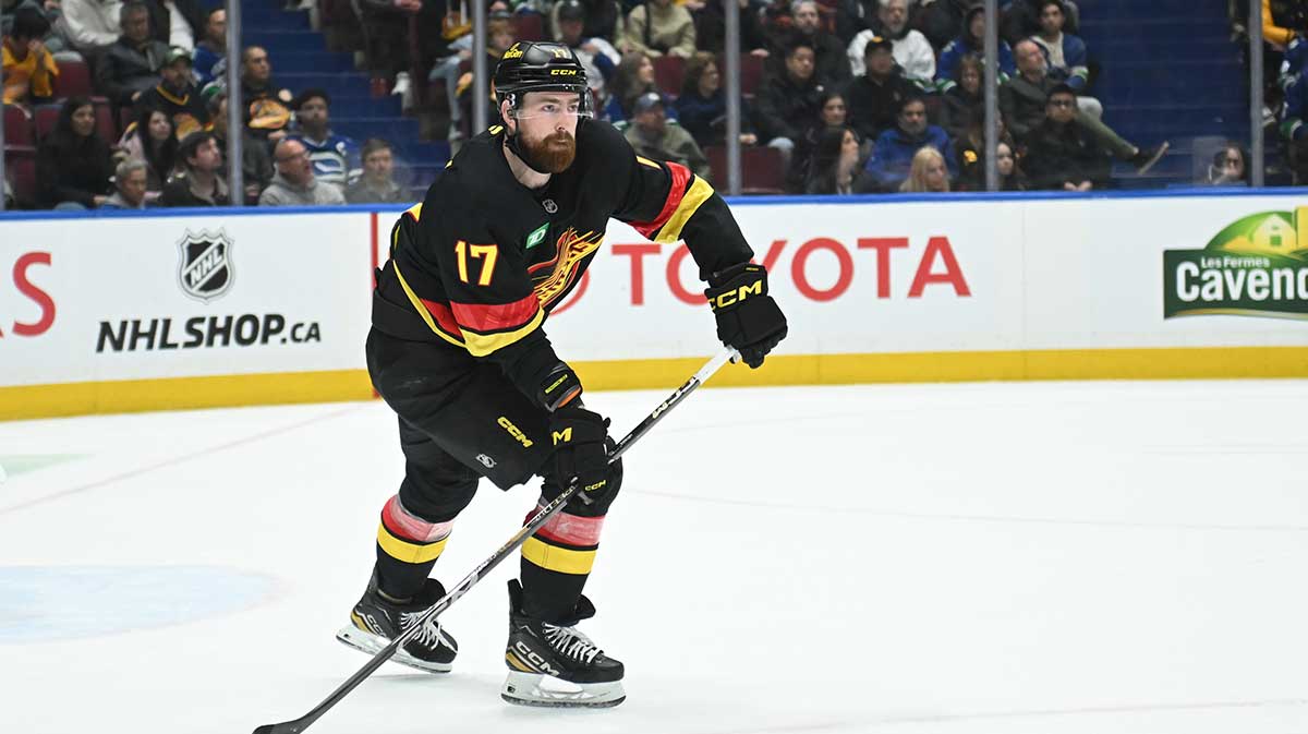 Vancouver Canucks defenseman Filip Hronek (17) passes the puck at Rogers Arena during the second period against the Anaheim Ducks.