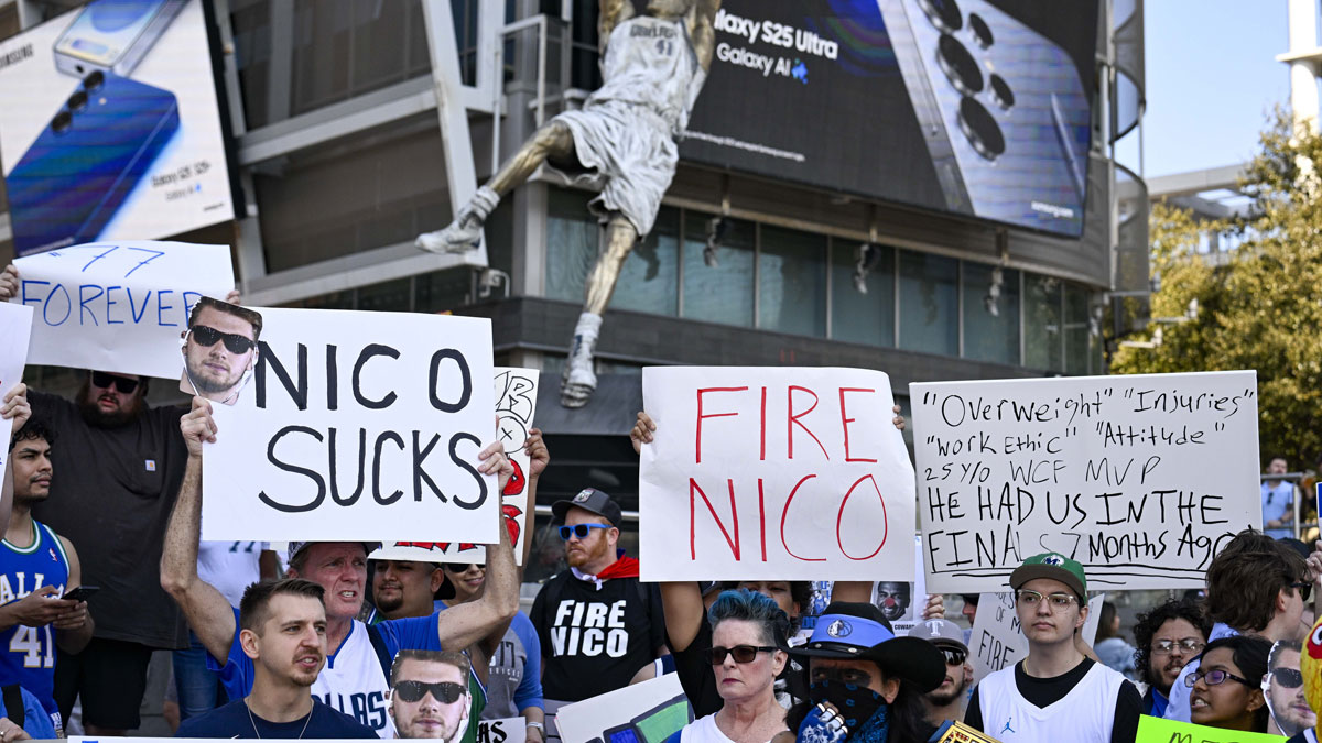 Dallas Mavericks fans gather outside the arena before the game between the Dallas and the Houston Rockets to protest the Nico Harrison trade of former Mavericks point guard Luka Doncic to the Los Angeles Lakers.