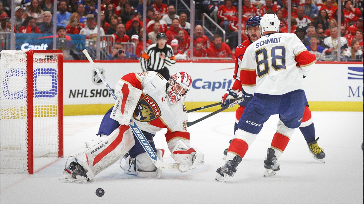 Florida Panthers goaltender Vitek Vanecek (41) makes a save against Washington Capitals left wing Alex Ovechkin (8) during the third period at Capital One Arena.