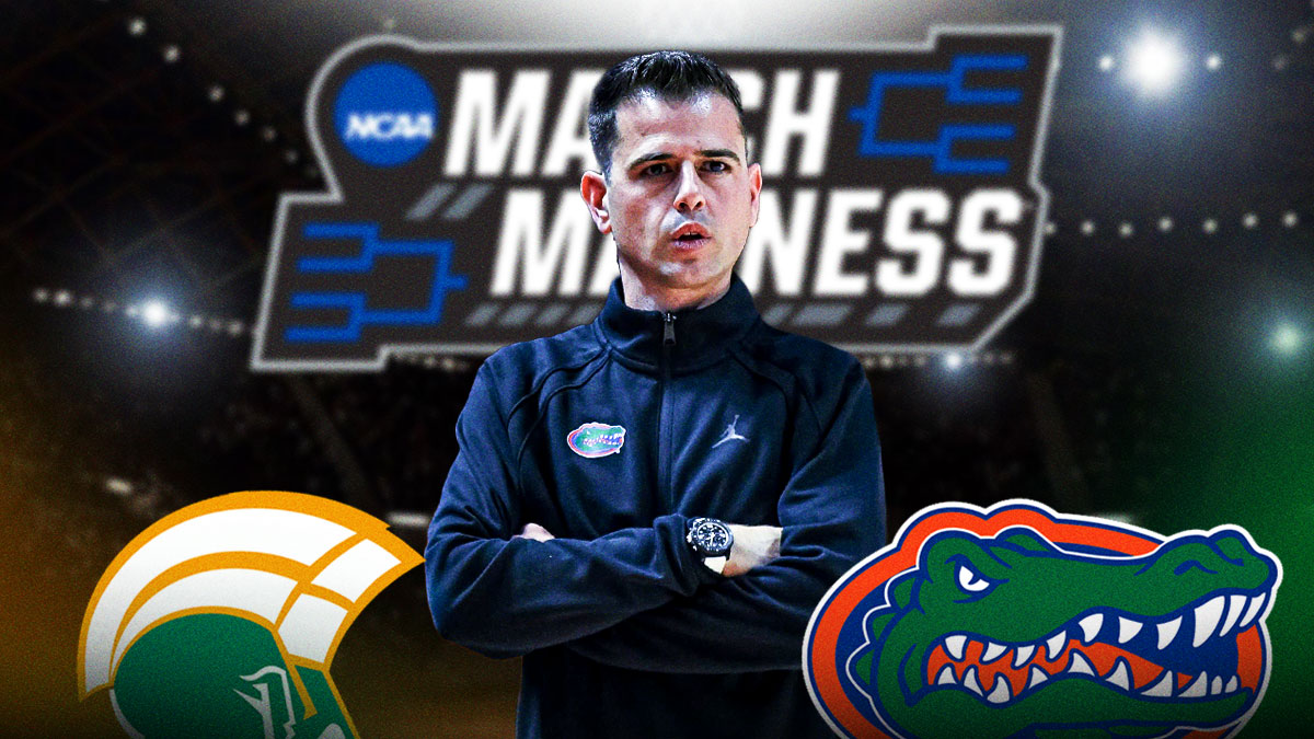 Todd Golden, Florida Gators and Norfolk State logos, NCAA Tournament logo in background