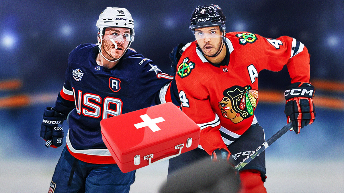 Seth Jones in a Florida Panthers uniform. Matthew Tkachuk with a first aid kit near him.