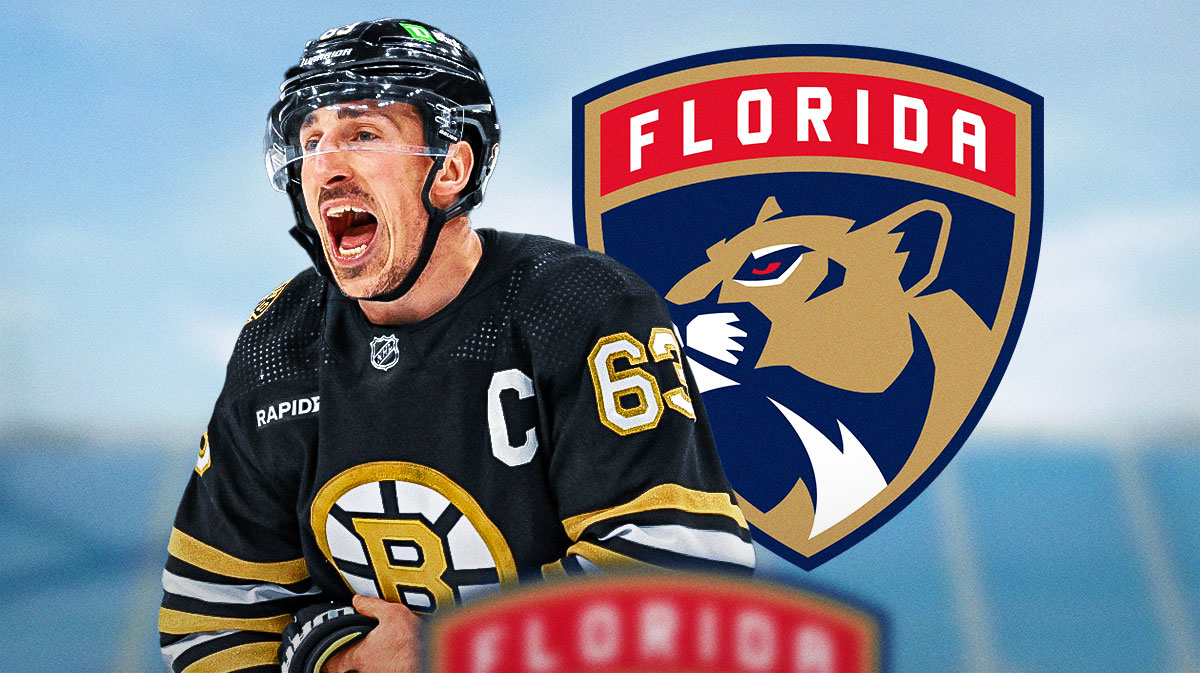 Brad Marchand next to Florida Panthers logo