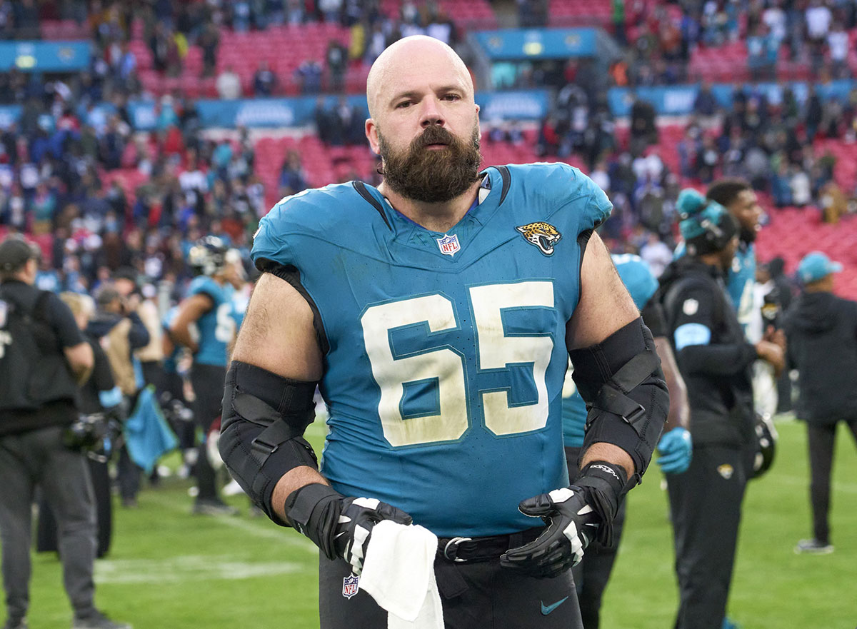 Jacksonville Jaguars center Mitch Morse (65) leaves the field after an NFL International Series game at Wembley Stadium.