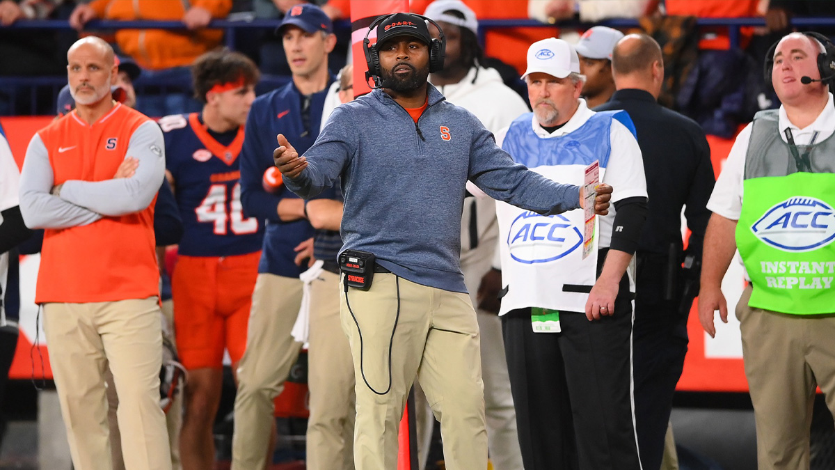 Syracuse Orange head coach Fran Brown reacts after a call against the Miami Hurricanes during the second half at the JMA Wireless Dome. Mandatory Credit: Rich Barnes-Imagn Images