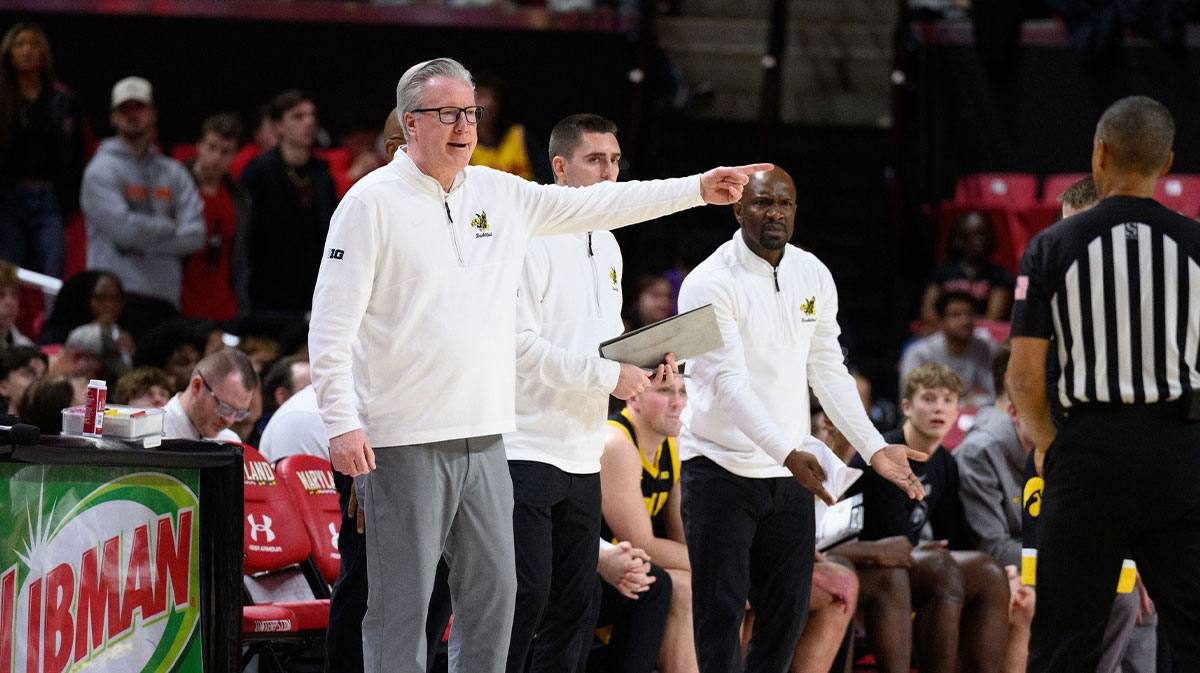 Iowa Hawkeyes head coach Fran McCaffrey reacts during the first half against the Maryland Terrapins at Xfinity Center.