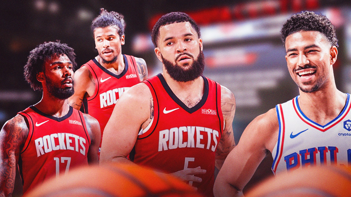 76ers' Quentin Grimes laughing, with Rockets' Fred VanVleet, Jalen Green, and Tari Eason looking pissed off