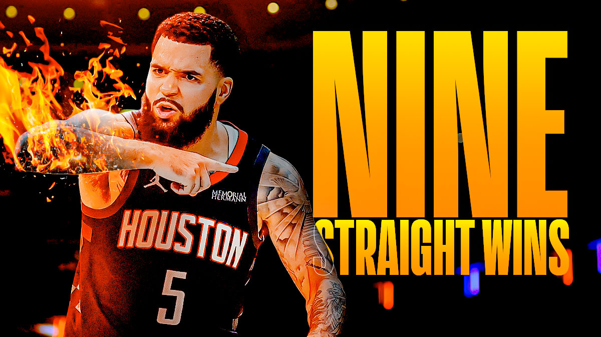 Rockets' Fred VanVleet on fire, with caption below: NINE STRAIGHT WINS