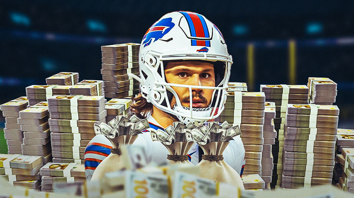Bills' Josh Allen with money and money bags all around him