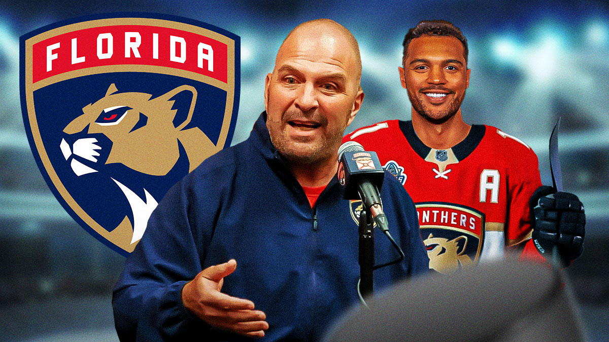 Florida Panthers general manager Bill Zito next to defenseman Seth Jones in a Panthers uniform. There is also a logo for the Florida Panthers.