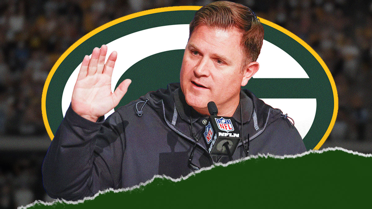 Brian Gutekunst next to a Packers logo.