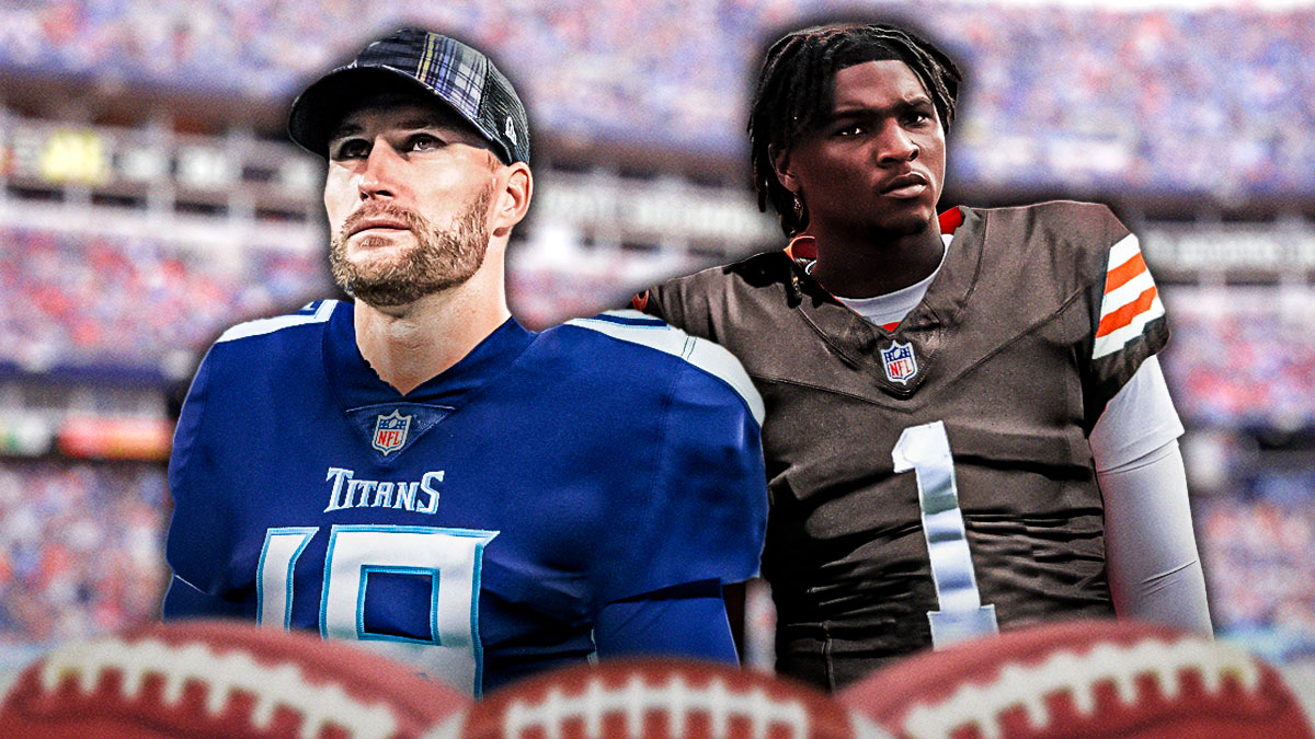 Kirk Cousins photoshopped in Titans jersey, Cam Ward photoshopped in Browns jersey. Include their respective jersey numbers on both players.