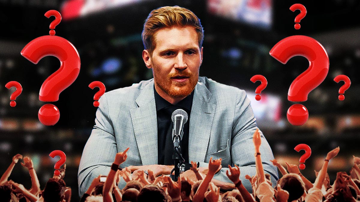 Avalanche center Gabriel Landeskog with question marks around him and a background of the Avalanche's home arena.