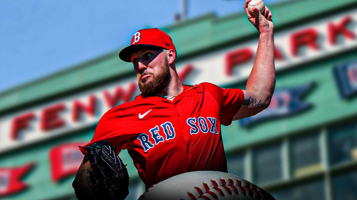 Red Sox Garrett Crochet pitching a baseball at Fenway Park.