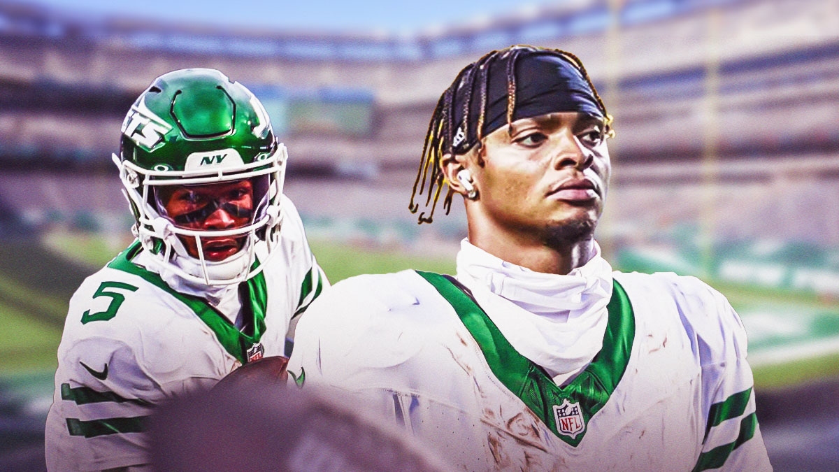 Garrett Wilson in a New York Jets uniform with Justin Fields in a New York Jets uniform as the jets signed fields as a free agent at the start of NFL free agency.