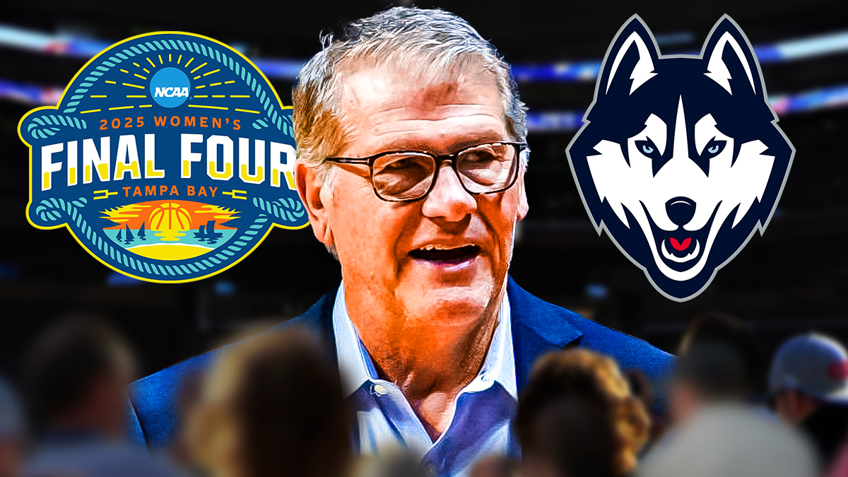 Geno Auriemma, UConn Huskies and NCAA Women's Tournament logos, eyes symbols