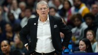 UConn Huskies head coach Geno Auriemma watches from the sideline as they take on the South Dakota State Jackrabbits at Harry A. Gampel Pavilion.