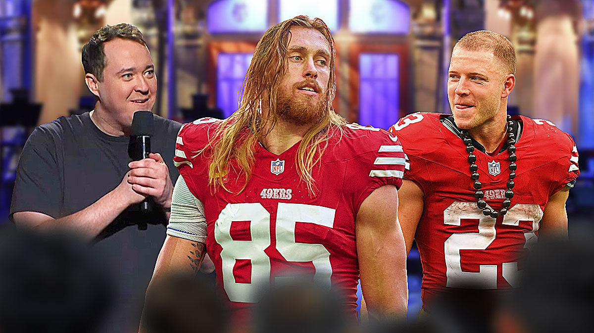 The latest host of SNL Shane Gillis next to San Fransisco 49ers stars George Kittle and Christian McCaffrey with Studio 8H background.