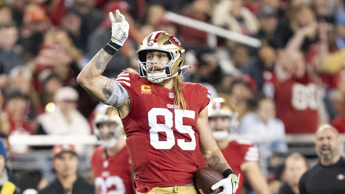 San Francisco 49ers tight end George Kittle (85) celebrates a first down against the Detroit Lions during the fourth quarter at Levi's Stadium.