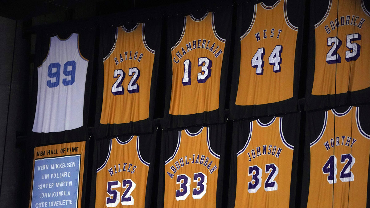 The Los Angeles Lakers retired jereys of Kareem Abdul-Jabbar (33), Elgin Baylor (22), Kobe Bryant (8 and 24), Pau Gasol (16), Gail Goodrich (25), Magic Johnson (32), Shaquille O'Neal (34), jerry West (44), Jamaal Wilkes (52), James Worthy (42), George Mikan (99) and Chick Hearn at Crypto.com Arena.