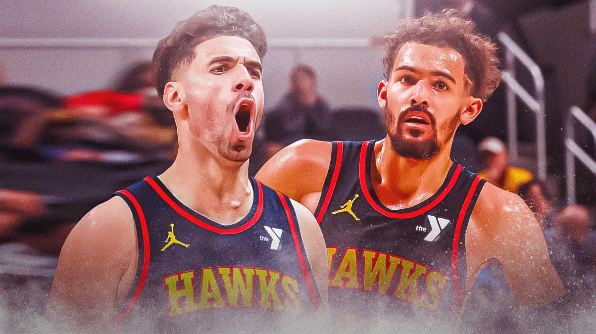 Georges Niang and Trae Young in Hawks jerseys.