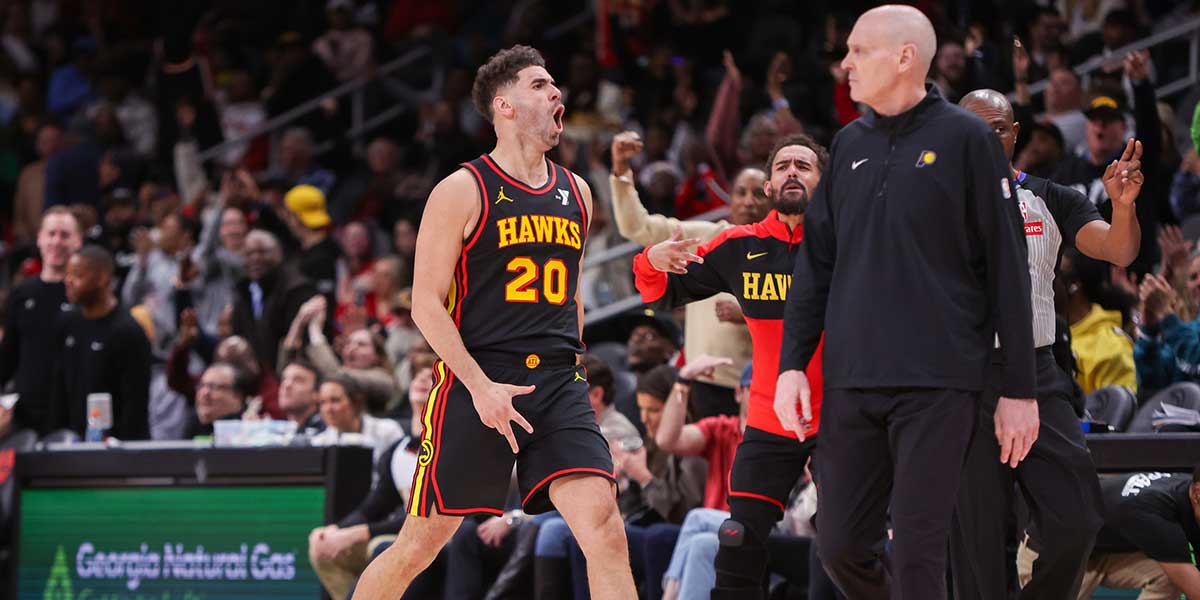 Atlanta Hawks attack Georges Niang (20) reacts after the basket against the Indiana Peyser in the fourth quarter at the State Farm Arena. 