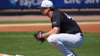 New York Yankees pitcher Gerrit Cole (45) pauses before taking the mound against the Minnesota Twins during the first inning at George M. Steinbrenner Field.