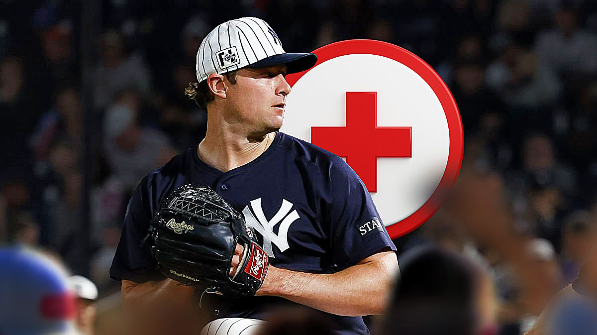 Yankees' Gerrit Cole with medical Red Cross symbol
