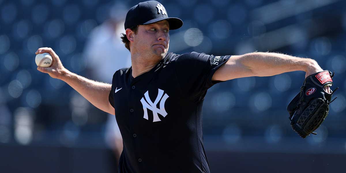 New York Yankees starting pitcher Gerrit Cole (45) participates in spring training workouts at George M. Steinbrenner Field.